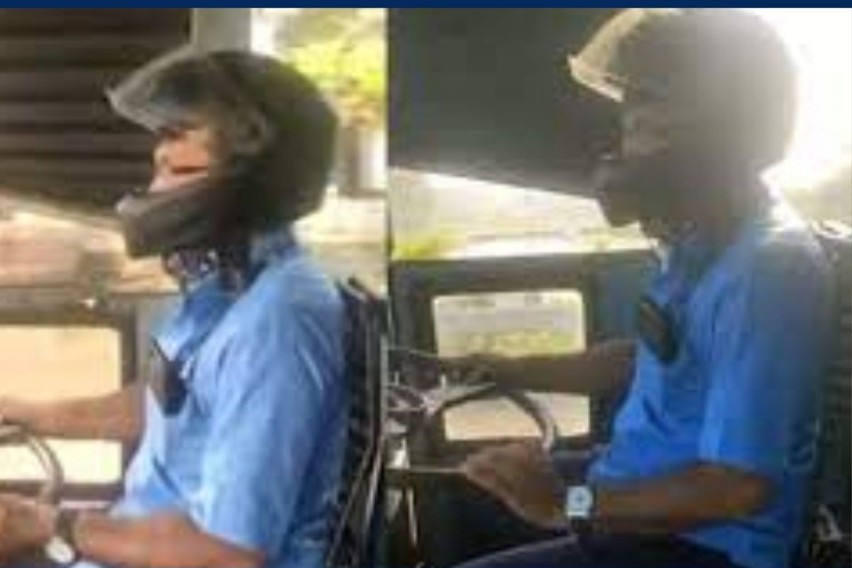 ஹெல்மெட்  அணிந்து பேருந்துகளை இயக்கும் ஓட்டுநர்கள்