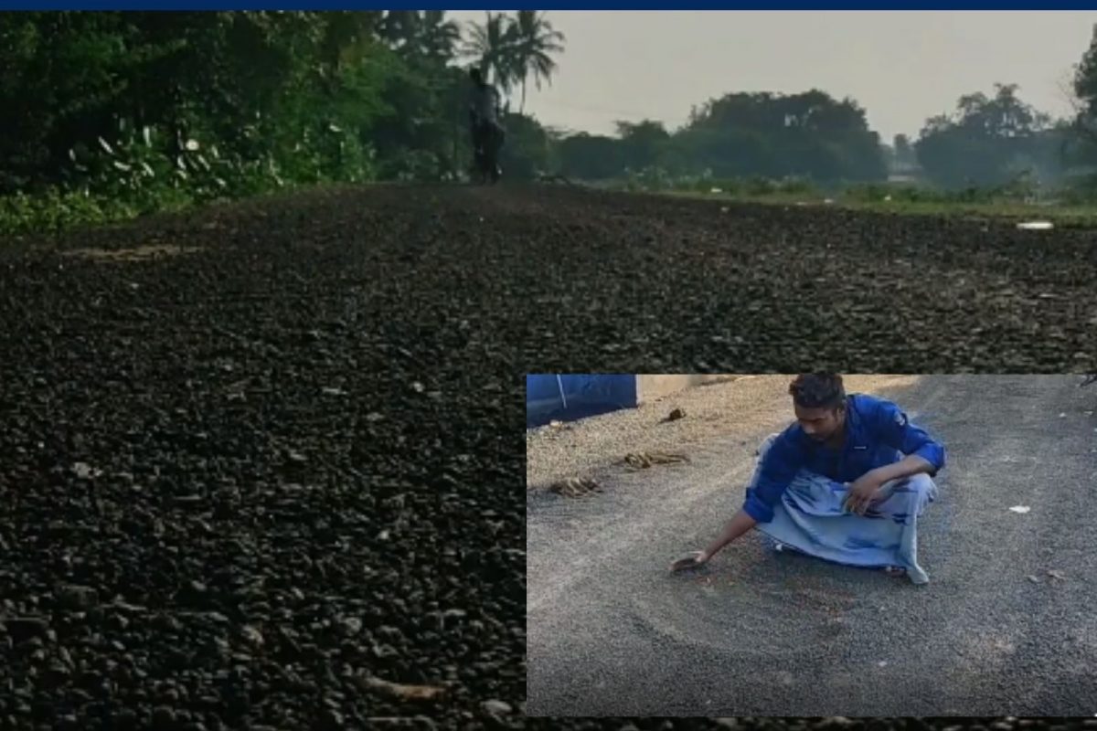மன்னார்குடி அருகே 10 நாட்களில் பெயர்ந்து போன தார் சாலை..
