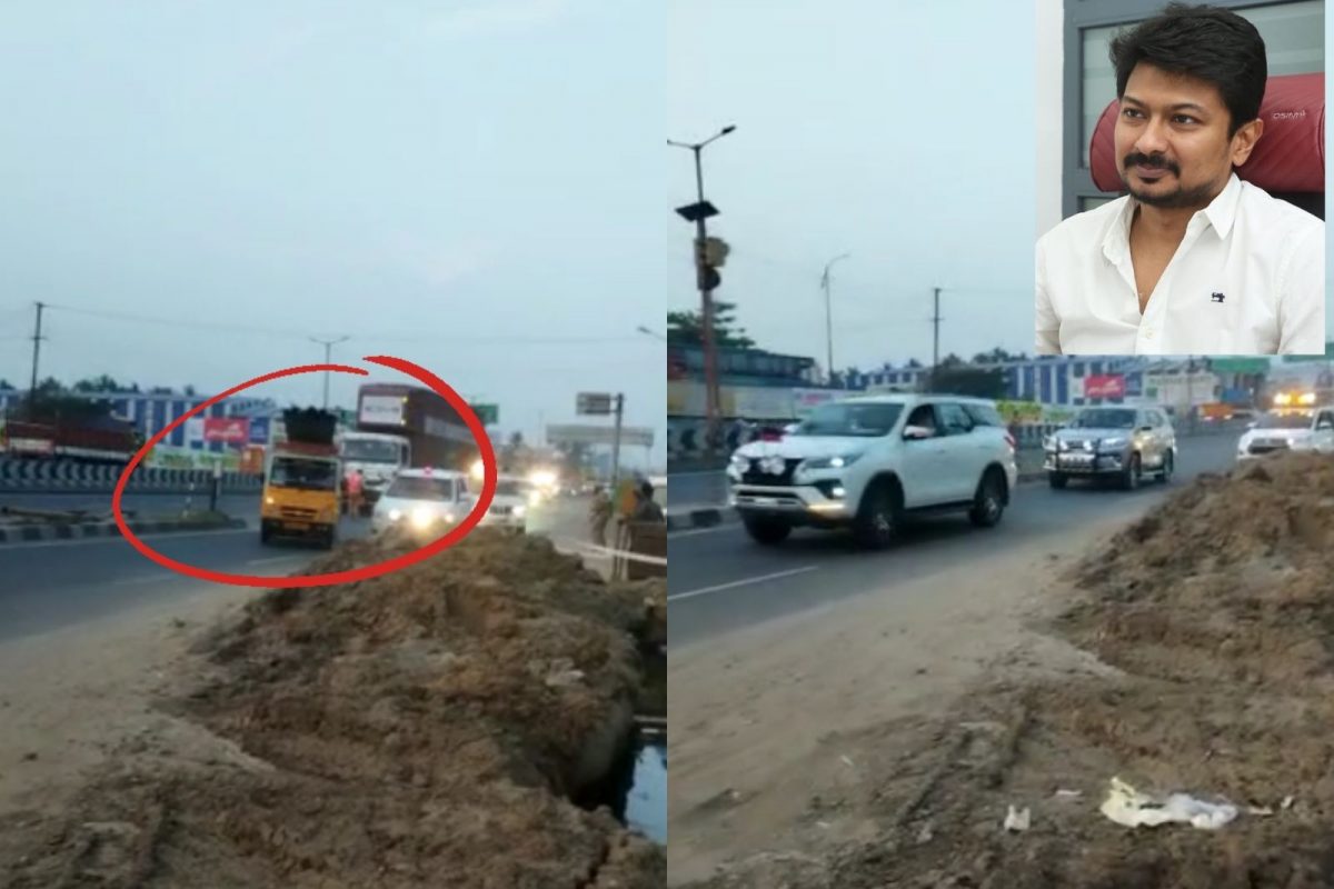 உதயநிதி காருக்கு இடையே புகுந்த சரக்கு ஆட்டோ