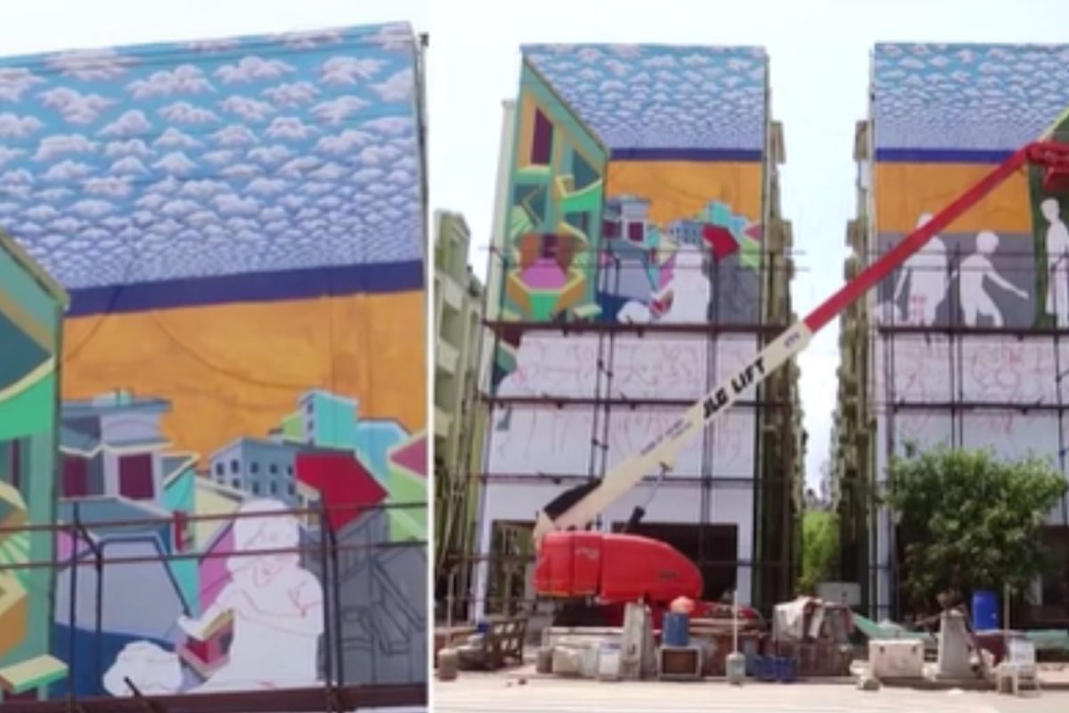 மெரினாவில் உள்ள கட்டிடங்களில் வரையப்படும் ஓவியங்கள்