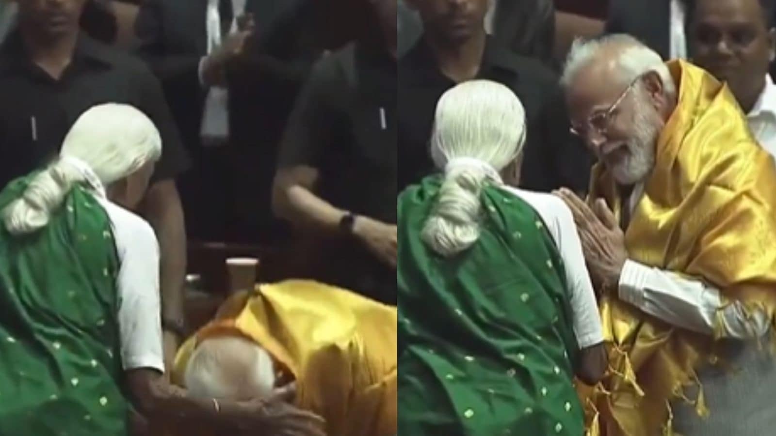 கோவை இயற்கை விவசாயி பாப்பம்மாள் காலில் விழுந்து ஆசிபெற்ற பிரதமர் மோடி..!