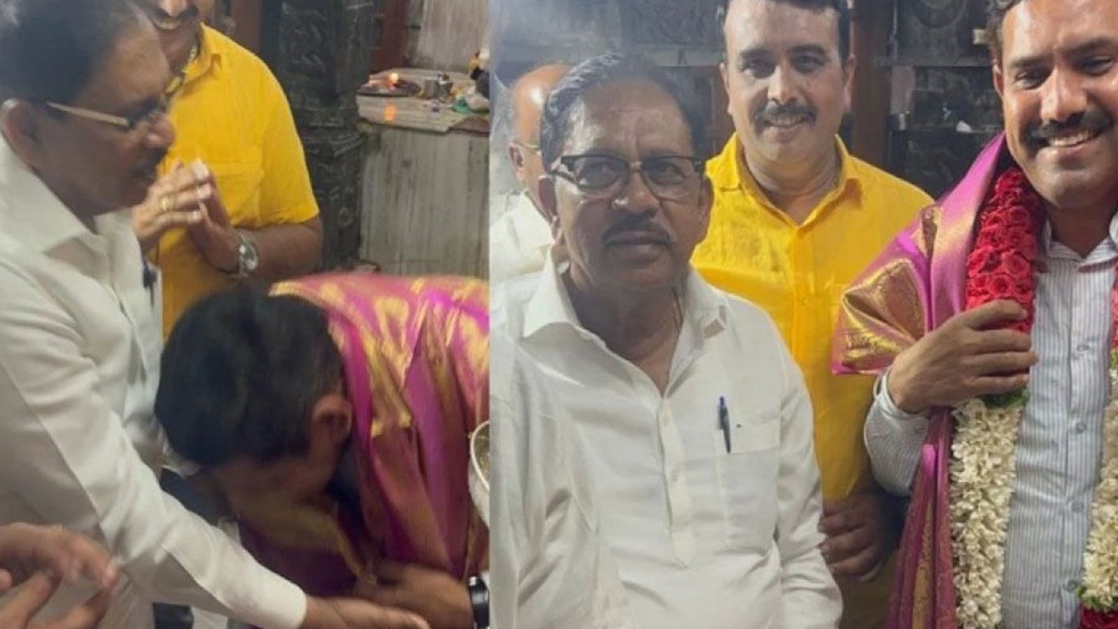 காங்கிரஸ் தலைவர்களின் கால்களில் விழுந்து ஆசீர்வாதம் வாங்கிய எடியூரப்பா மகன்! - வைரலாகும் வீடியோ!