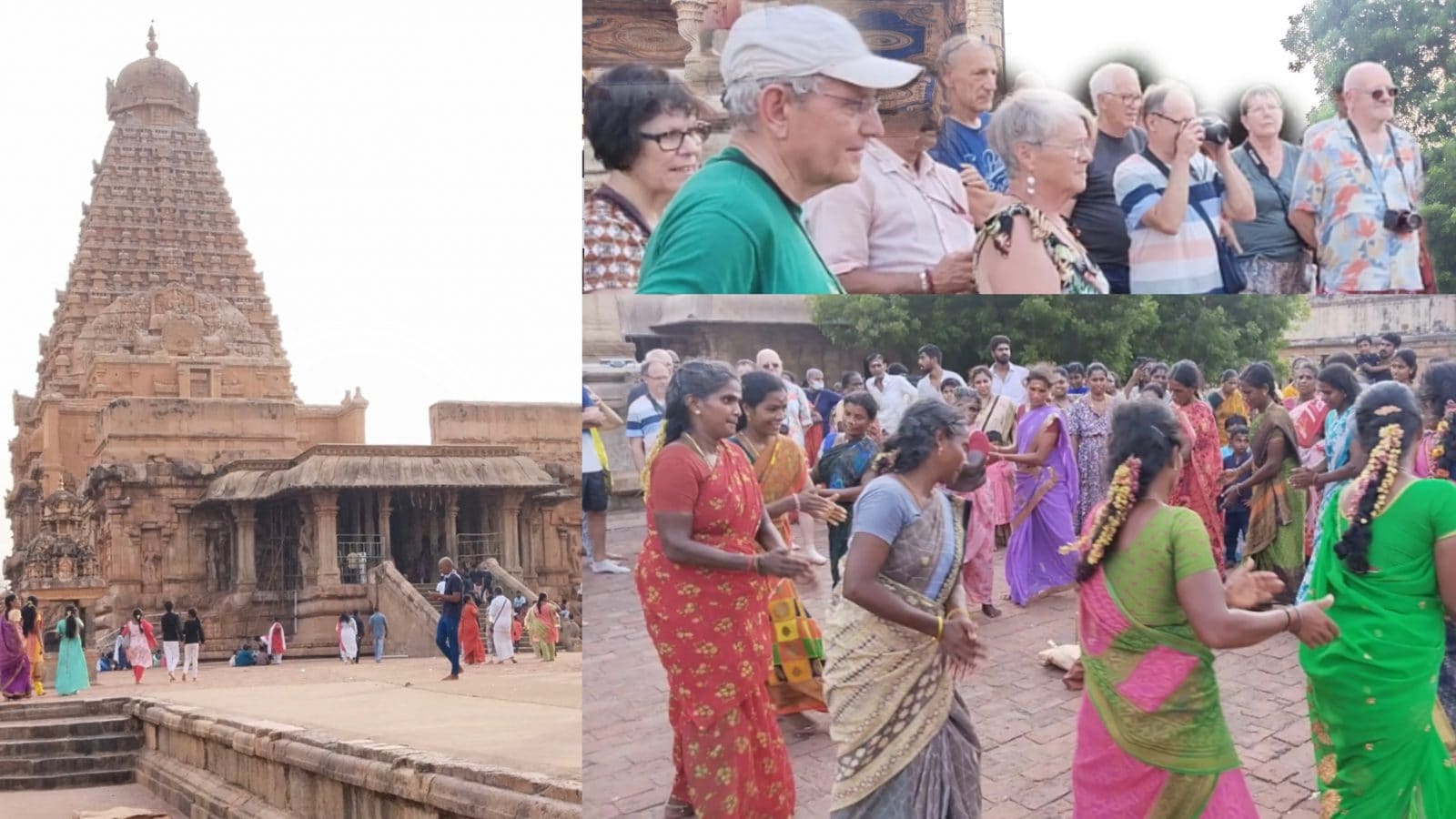தஞ்சை பெரிய கோயிலில் கும்மி நடனத்தை பார்த்து ரசித்த வெளிநாட்டு சுற்றுலாப் பயணிகள்!