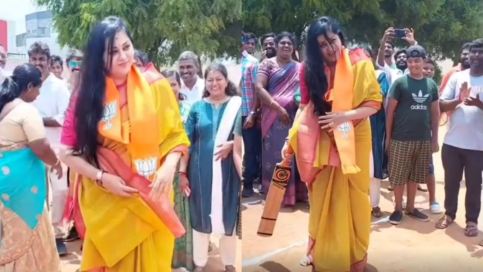 கோவையில் கிரிக்கெட் விளையாடிய நமிதா..! சிஎஸ்கே கலர் சேலையில் வந்து ஷாட் அடித்து அசத்தல்..!!