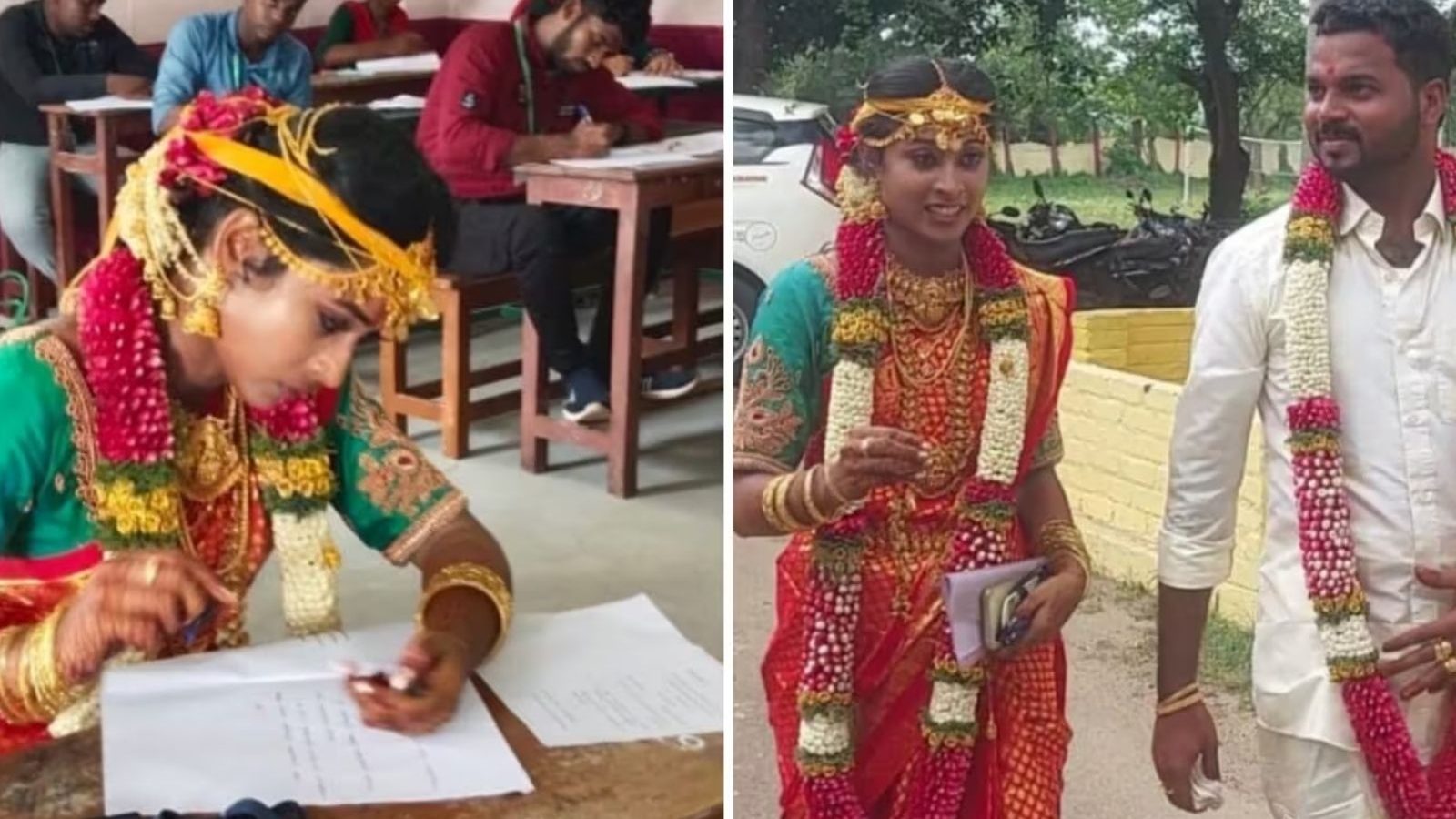 திருமணம் முடிந்ததும் மணக்கோலத்தில் வந்து தேர்வு எழுதிய மணமகள்... கல்லூரி வாசலில் காத்திருந்த மணமகன்...!