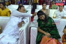 கனிமொழி தலையில் விழுந்த பூக்கள்.... பாசத்தோடு தட்டிவிட்ட டி.ஆர்.பாலு