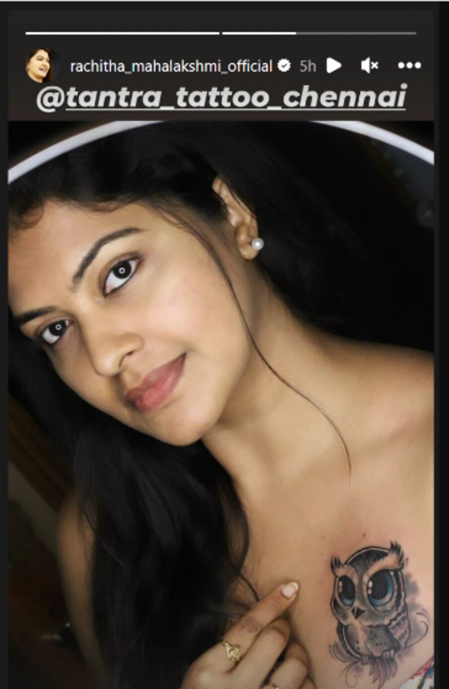  இந்த நிலையில் ரச்சிதா நெஞ்சில் அழகிய ஆந்தை ஒன்றை  டாட்டூ போட்ட  புகைப்படத்தை அவரே தனது இன்ஸ்டாகிராமில் பகிர்ந்துள்ளார்