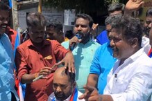 விசிகவினர் மொட்டை அடித்து நூதன போராட்டம்