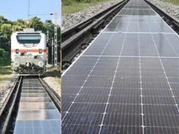 தண்டவாளங்களுக்கு இடையே பொருத்தப்பட்டுள்ள சோலார் மின் தகடு