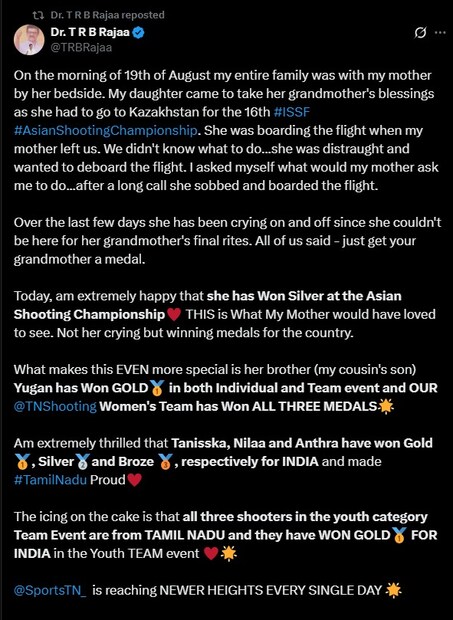  இந்த தருணத்தில் என் அம்மா இருந்தால் என்ன செய்வார் என்று எனக்கு நானே கேட்டுக்கொண்டேன். நீண்ட உரையாடலுக்கு பின் அழுதுகொண்டே நிலா விமானம் ஏறினார். எனினும், பாட்டியின் இறுதிச் சடங்கில் கலந்துகொள்ள முடியவில்லை என்பதால் கடந்த சில நாட்களாகவே அடிக்கடி அழுதுகொண்டே இருந்த நிலாவிடம் நாங்கள் அனைவரும் சொன்னது, 'உன் பாட்டிக்கு ஒரு பதக்கம் வென்று கொடு' என்பது தான். இப்போது, ஆசிய துப்பாக்கிச் சூடு சாம்பியன்ஷிப்பில் நிலா வெள்ளி வென்றுள்ளார். இதில், நான் மிகவும் மகிழ்ச்சியடைகிறேன். இதைத்தான், நாட்டிற்காக பதக்கங்களை வெல்வதை தான் என் என் அம்மா பார்க்க விரும்புவார் மாறாக அழுவதை அல்ல." என்று நெகிழ்ந்திருக்கிறார்.