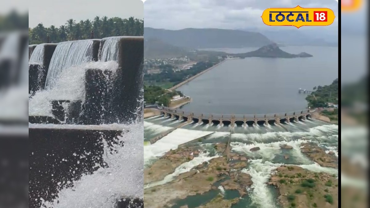 இரு கரைகளை தழுவிச் செல்லும் காவிரி... பிரம்மிக்க வைக்கும் ஜேடர்பாளையம் அணையின் காட்சி... | நாமக்கல் - News18 தமிழ்