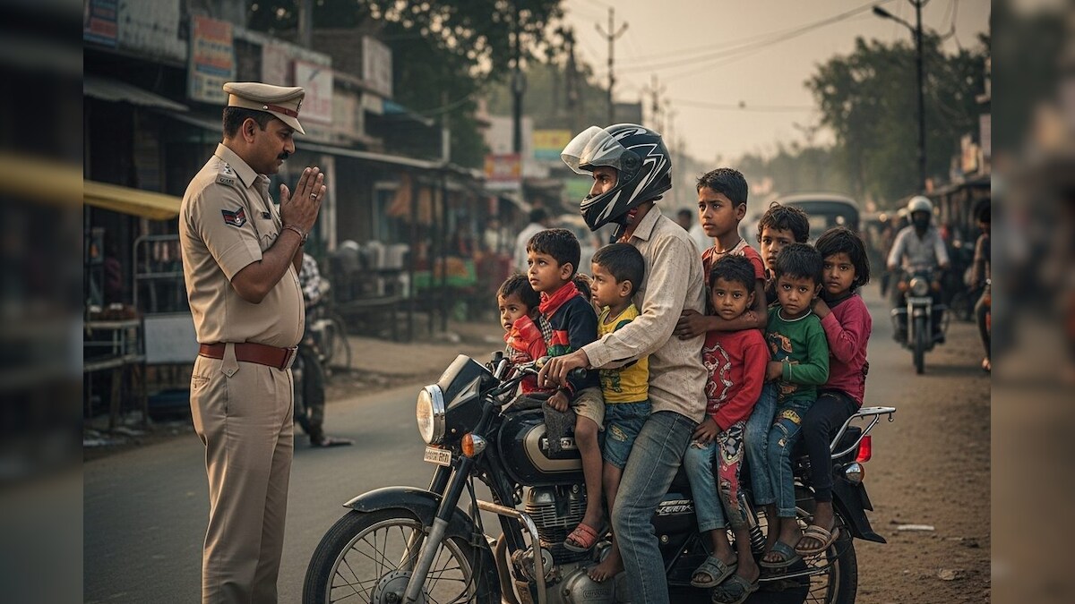 6 குழந்தைகளை ஏற்றிச் சென்ற பைக் ஓட்டுநர்...! கைகளை கூப்பிய போக்குவரத்து போலீசார்... அபராதம் எவ்வளவு தெரியுமா...? | ட்ரெண்டிங் - News18 தமிழ்