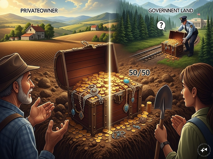 உங்கள் நிலத்தில் வேறொருவர் புதையலைக் கண்டுபிடித்தால், இந்த நிலையில், சட்டம் உரிமையை சமமாகப் பகிர்கிறது. புதையலின் 50% நில உரிமையாளருக்கும், மீதமான 50% அதை கண்டுபிடித்த நபருக்கும் வழங்கப்படும். அதுவே, அரசு நிலத்தில் புதையல் கிடைத்தால், காடுகள், ரயில்வே, பொதுப்பணித் துறை நிலங்கள் போன்ற அரசுக்குச் சொந்தமான நிலங்களில் புதையல் கிடைத்தால் அது முழுமையாக அரசுக்கே சொந்தமாகும். அதே நேரத்தில், அதனை கண்டுபிடிப்பவருக்கு அரசு வெகுமதி வழங்கலாம். ஆனால், அது கட்டாயமில்லை. உங்கள் நிலத்தில் வேறொருவர் புதையலைக் கண்டுபிடித்தால், இந்த நிலையில், சட்டம் உரிமையை சமமாகப் பகிர்கிறது. புதையலின் 50% நில உரிமையாளருக்கும், மீதமான 50% அதை கண்டுபிடித்த நபருக்கும் வழங்கப்படும். அதுவே, அரசு நிலத்தில் புதையல் கிடைத்தால், காடுகள், ரயில்வே, பொதுப்பணித் துறை நிலங்கள் போன்ற அரசுக்குச் சொந்தமான நிலங்களில் புதையல் கிடைத்தால் அது முழுமையாக அரசுக்கே சொந்தமாகும். அதே நேரத்தில், அதனை கண்டுபிடிப்பவருக்கு அரசு வெகுமதி வழங்கலாம். ஆனால், அது கட்டாயமில்லை.