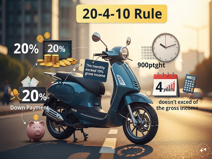 இதில் பைக் தொடர்பான செலவுகள் கடன் தவணை, காப்பீடு, பராமரிப்பு, எரிபொருள் உட்பட அத்தனை செலவுகளும் அடக்கம். இந்த வரம்பு உங்கள் மற்ற அத்தியாவசிய செலவுகள் மற்றும் சேமிப்பிற்கான பணத்தை உறுதி செய்கிறது. மொத்தத்தில் கடன் மற்றும் அன்றாடச் செலவுகள் இரண்டையும் கணக்கில் எடுத்துக்கொள்வதன் மூலம், இந்த 20-4-10 விதிமுறை கட்டுக்கோப்பான செலவுப் பழக்கத்தை ஊக்குவிக்கிறது. இதில் பைக் தொடர்பான செலவுகள் கடன் தவணை, காப்பீடு, பராமரிப்பு, எரிபொருள் உட்பட அத்தனை செலவுகளும் அடக்கம். இந்த வரம்பு உங்கள் மற்ற அத்தியாவசிய செலவுகள் மற்றும் சேமிப்பிற்கான பணத்தை உறுதி செய்கிறது. மொத்தத்தில் கடன் மற்றும் அன்றாடச் செலவுகள் இரண்டையும் கணக்கில் எடுத்துக்கொள்வதன் மூலம், இந்த 20-4-10 விதிமுறை கட்டுக்கோப்பான செலவுப் பழக்கத்தை ஊக்குவிக்கிறது.