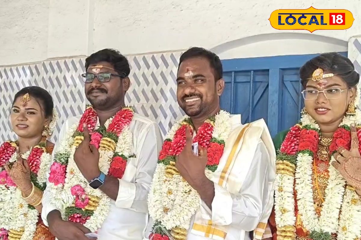 தேர்தல் சுவாரஸ்யம்... திருமண கோலத்தில் வாக்களிக்க வந்த இரண்டு புதுமண தம்பதிகள்..!