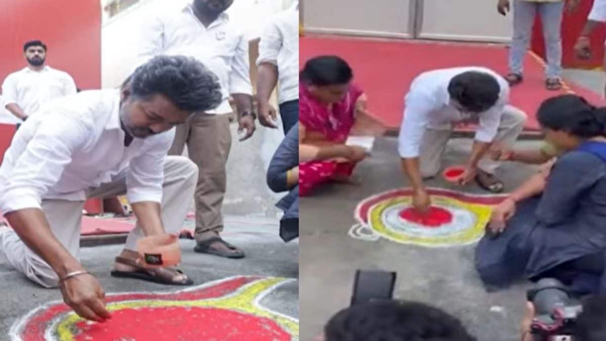 TVK Vijay | பெரம்பூரில் கோலம் போட்டு வாக்கு சேகரித்த தவெக தலைவர் விஜய்.. வைரல் வீடியோ!