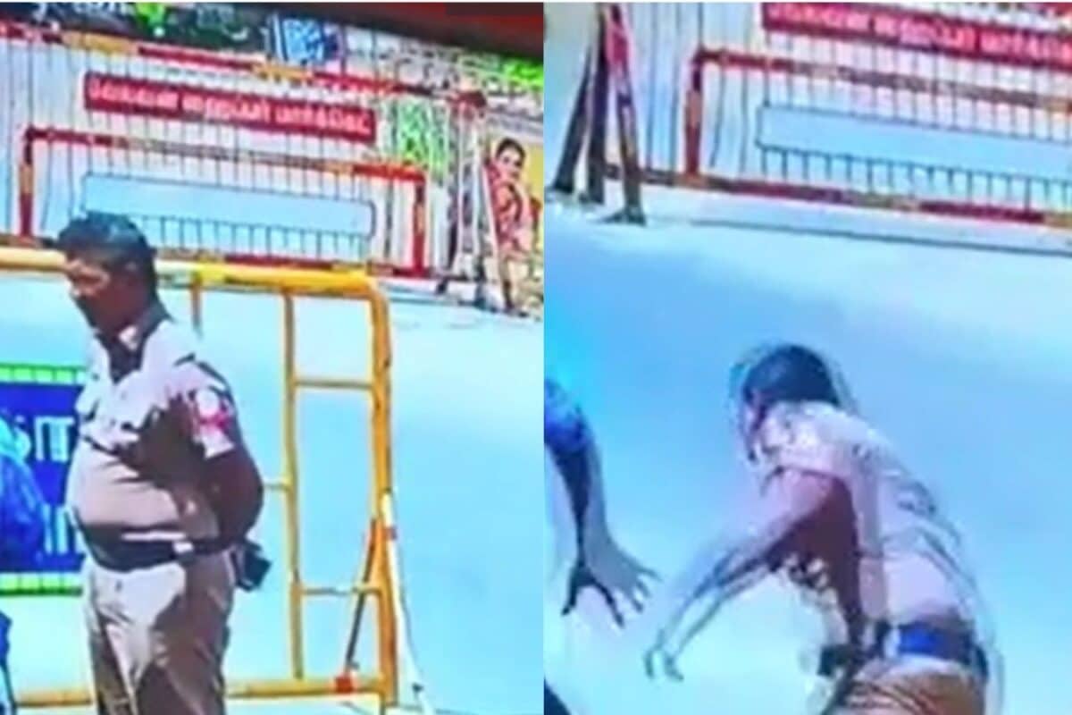 சாலையில் சீறிய கார்.. போலீஸ் ஏட்டு மீது மோதிய பேரிகாட்.. வெள