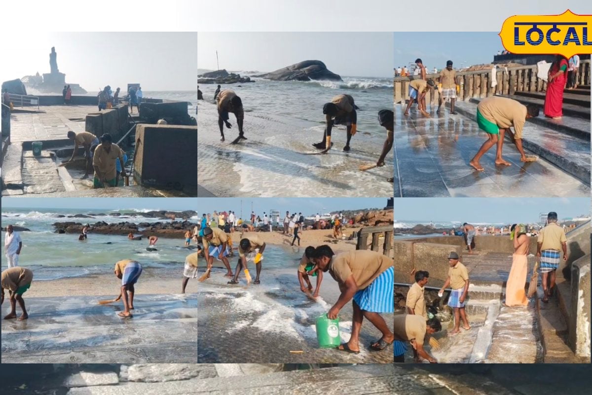 ஆடி அமாவாசை முன்னேற்பாடு; முக்கடல் சங்கமம் படிகளில் பாசி அகற்றிய பணியாளர்கள்..!