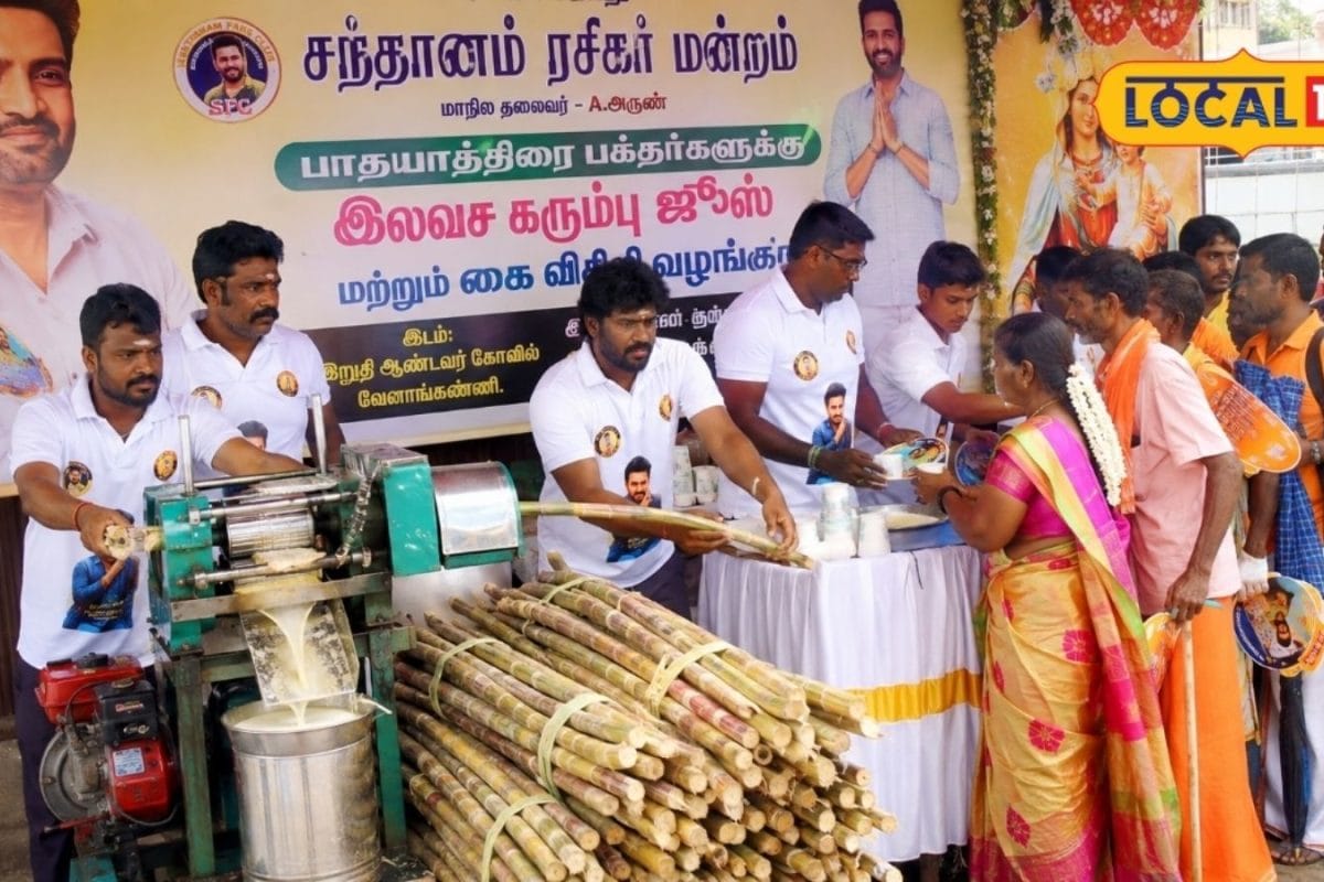 பாதயாத்திரை பக்தர்களின் தாகம் தீர்க்கும் முயற்சி..! கரும்பு சாறு மெஷினுடன் களமிறங்கிய சந்தானம் ரசிகர்கள்..!