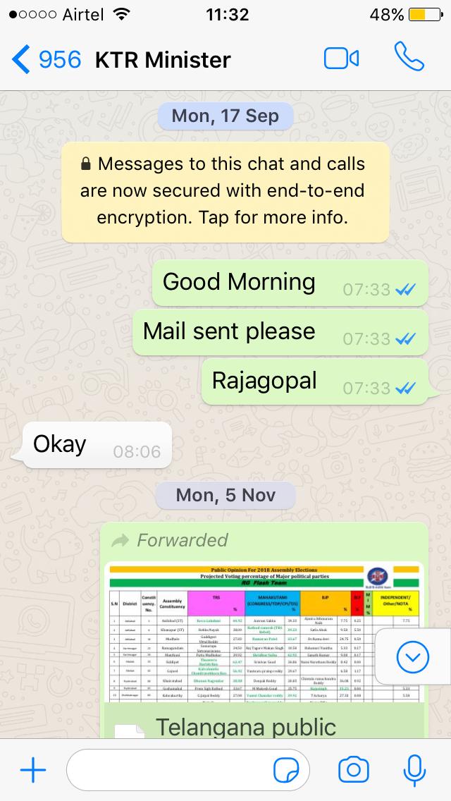 కేటీఆర్, లగడపాటి మధ్య జరిగిన వాట్సప్ సంభాషణ