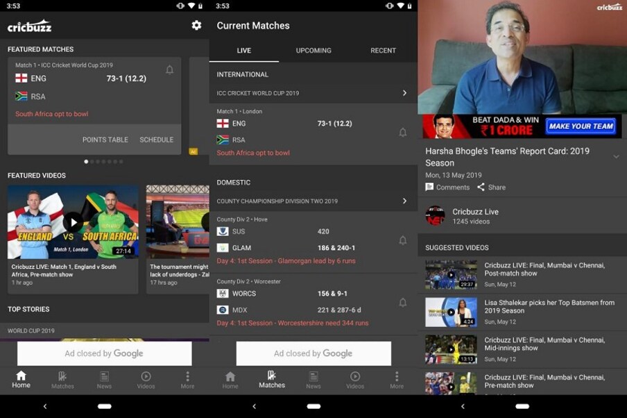  3. Cricbuzz: భారతదేశంలోని పాపులర్ క్రికెట్ యాప్స్‌లో ఇది ఒకటి. ఇందులో లైవ్ స్కోర్ అప్‌డేట్స్, బాల్-బై-బాల్ కామెంటరీ, హర్షా భోగ్లేతో పాటు ఇతర క్రికెట్ ఎక్స్‌పర్ట్స్ విశ్లేషణ, లైవ్ నోటిఫికేషన్, స్కోర్ విడ్జెట్స్ లాంటివి పొందొచ్చు. హర్షా భోగ్లే ఇన్ డెప్త్ అనాలిసిస్, వీడియోస్, ఆర్టికల్స్ ఎక్స్‌క్లూజీవ్‌గా పొందొచ్చు. వీడియో హైలైట్స్‌తో పాటు ఫోటో గ్యాలరీస్ కూడా ఉంటాయి. డార్క్ థీమ్‌తో ఈ యాప్ ఉపయోగించుకోవచ్చు. ఆండ్రాయిడ్, ఐఓఎస్ ప్లాట్‌ఫామ్స్‌లో అందుబాటులో ఉంది ఈ యాప్. (image: Cricbuzz )