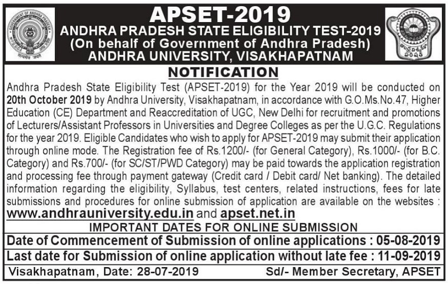 apset, apset 2019, apset.net.in, apset notification 2019, apset details, andhra pradesh state eligibility test, apset application, apset exam date, ఏపీ సెట్, ఏపీ సెట్ నోటిఫికేషన్ 2019, ఏపీ సెట్ వివరాలు, ఆంధ్రప్రదేశ్ స్టేట్ ఎలిజిబిలిటీ టెస్ట్, ఏపీ సెట్ దరఖాస్తు, ఏపీ సెట్ పరీక్ష తేదీ