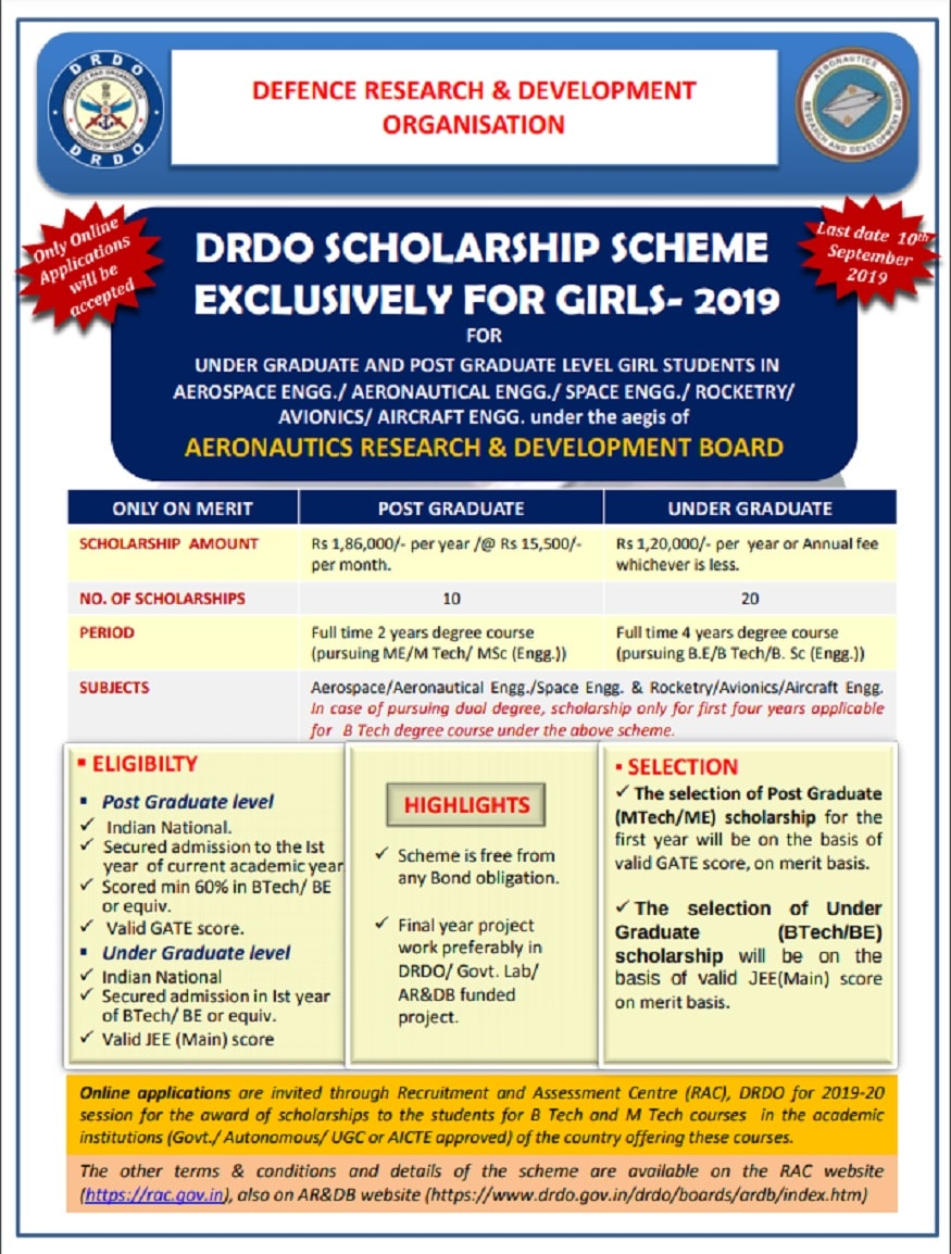 Defence Research and Development Organisation Scholarship, DRDO Scholarship, DRDO Scholarship for girls, drdo scholarship 2019, drdo scholarship for engineering students, scholarship for girls 2019, డిఫెన్స్ రీసెర్చ్ అండ్ డెవలప్మెంట్ ఆర్గనైజేషన్ స్కాలర్షిప్, డీఆర్డీఓ స్కాలర్షిప్, అమ్మాయిలకు డీఆర్డీఓ స్కాలర్షిప్, డీఆర్డీఓ స్కాలర్షిప్ 2019