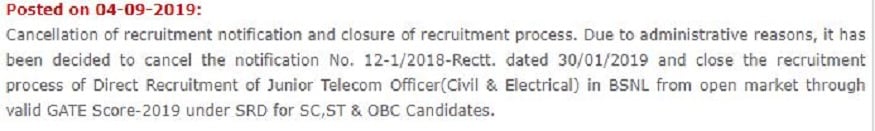 Bharat Sanchar Nigam Limited jobs, BSNL jobs, BSNL Junior Telecom Officer notification, BSNL JTO notification, BSNL cancelled JTO notification, భారత్ సంచార్ నిగమ్ లిమిటెడ్ ఉద్యోగాలు, బీఎస్ఎన్ఎల్ ఉద్యోగాలు, బీఎస్ఎన్ఎల్ జూనియర్ టెలికామ్ ఆఫీసర్ నోటిఫికేషన్, బీఎస్ఎన్ఎల్ జేటీఓ నోటిఫికేషన్, బీఎస్ఎన్ఎల్ జేటీఓ నోటిఫికేషన్ రద్దు