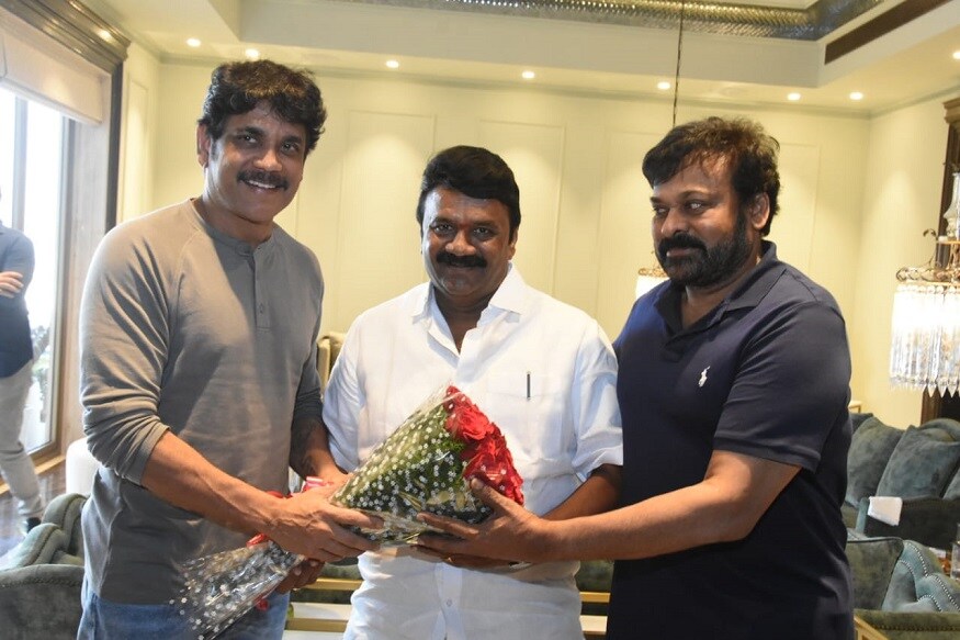 చిరంజీవి, నాగార్జునలతో మంత్రి తలసాని శ్రీనివాస్ యాదవ్ (Twitter/Photo)