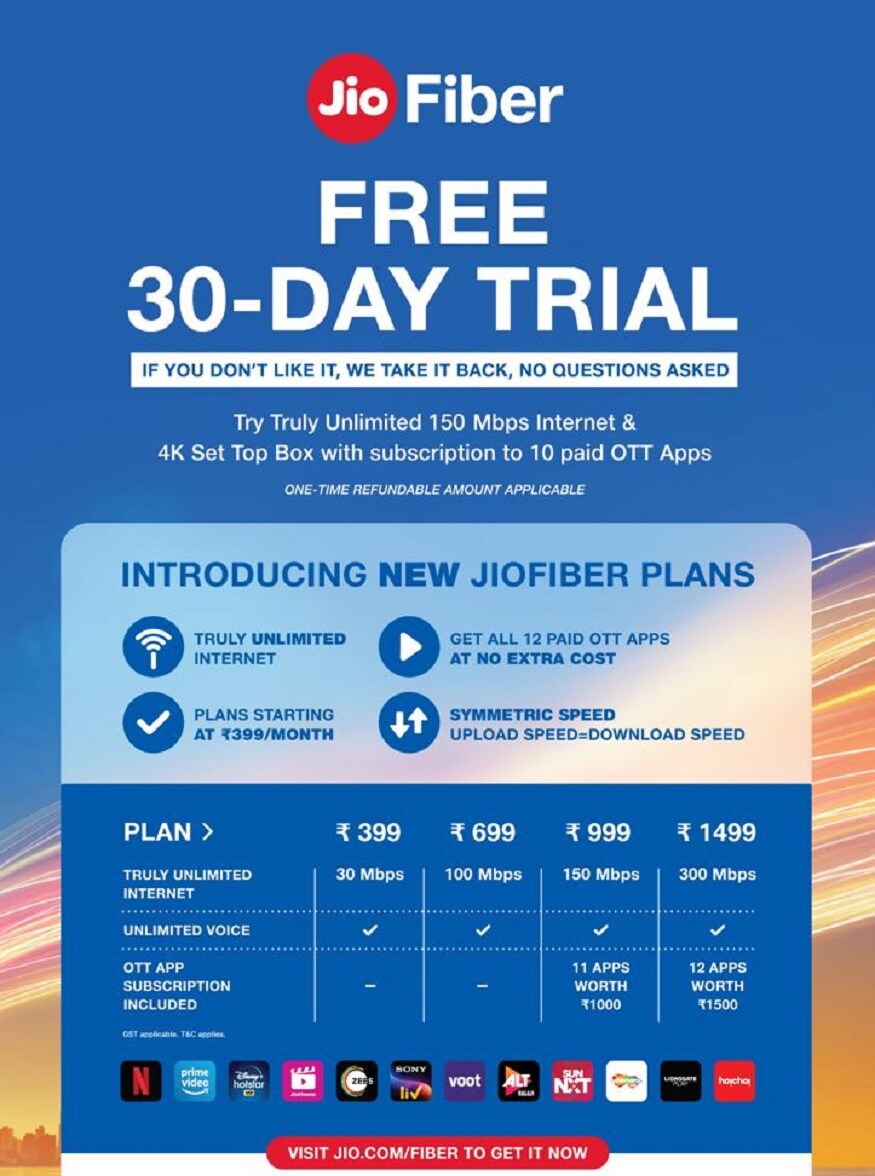 JioFiber plans, JioFiber new palns, JioFiber 30 day free trail, JioFiber free plans, JioFiber Rs 399 Plan, JioFiber Rs 699 Plan, JioFiber Rs 999 Plan, JioFiber Rs 1499 Plan, జియోఫైబర్ కొత్త ప్లాన్స్, జియో ఫైబర్ ఉచిత ప్లాన్స్, జియోఫైబర్ ఫ్రీ ప్లాన్స్