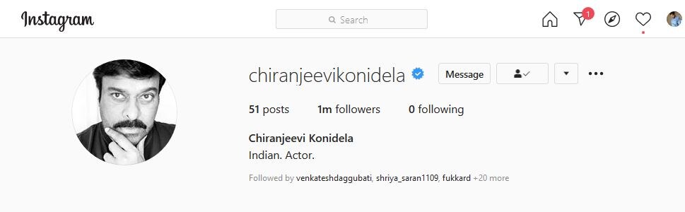 Megastar chiranjeevi 1 Million Followers in instagram,chiranjeevi,chiranjeevi gundu look,Megastar chiranjeevi 1 Million followers,Megastar chiranjeevi 1 Million 1 million followers in instagram,chiranjeevi full shaved look,chiranjeevi twitter,chiranjeevi instagram,chiranjeevi new look,chiranjeevi look,chiranjeevi new look without mustache,chiranjeevi lucifer remake,chiranjeevi movies,chiranjeevi acharya movie,telugu cinema,చిరంజీవి,చిరంజీవి ఆచార్య,చిరంజీవి న్యూ లుక్,చిరంజీవి మీసాలు లేని లుక్,బోడి గుండుతో చిరంజీవి,గుండు లుక్తో చిరంజీవి,సోషల్ మీడియాలో చిరంజీవి మరో రికార్డు,ఇన్స్టాగ్రామ్లో 1 మిలియన్ ఫాలోవర్స్,ఇన్స్టాగ్రామ్లో 1 మిలియన్ ఫాలోవర్స్