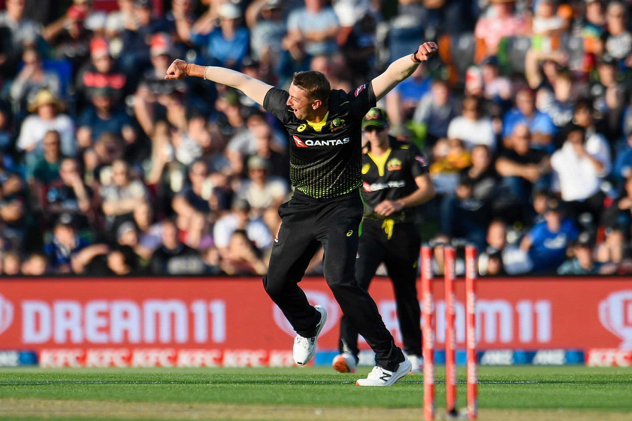  న్యూజిలాండ్‌ సారథి కేన్ విలియమ్సన్ వికెట్ తీసుకున్న తర్వాత ఆస్ట్రేలియాకు చెందిన డేనియల్ సామ్స్ సంబరాలు (John Davidson/Photosport via AP)