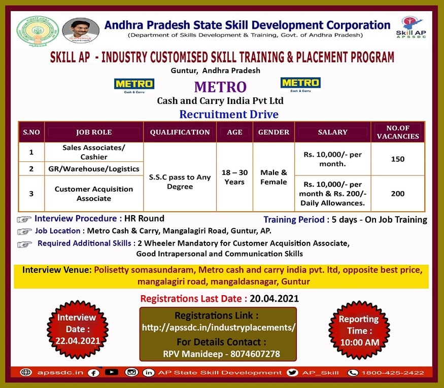  3. వీటిలో సేల్స్ అసోసియేట్స్, క్యాషియర్, జీఆర్, వేర్‌హౌజ్, లాజిస్టిక్స్ పోస్టులు 150 ఉండగా, కస్టమర్ అక్విజిషన్ అసోసియేట్ పోస్టులు 200 ఉన్నాయి. అభ్యర్థులు 2021 ఏప్రిల్ 20 లోగా రిజిస్ట్రేషన్ చేయాలి. (Source: APSSDC Twitter)