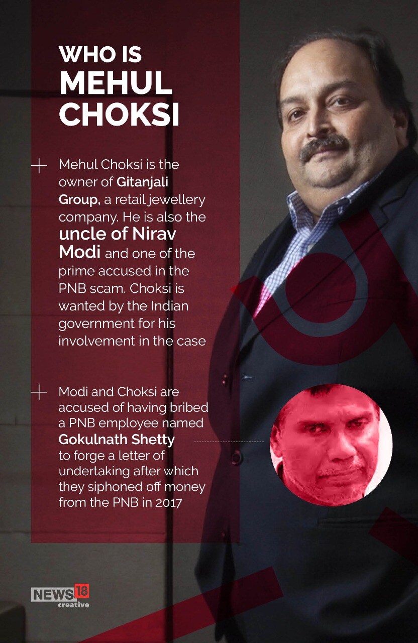  నీరవ్ మోడీతో పాటు పీఎన్బీ స్కాంలో సహ నిందితుడిగా ఉన్న మోహుల్ చోక్సీ...62 ఏళ్ల చోక్సీ అక్కడి నుంచి క్యూబాకు వెళ్లాలని స్కెచ్​ వేశాడు. ఈలోపు అంటిగ్వా పోలీసులు లుక్​ అవుట్ నోటీసులు జారీ చేశారు. దీంతో చోక్సీకి గుర్తించిన డొమినికా పోలీసులు.. అతన్ని అదుపులోకి తీసుకున్నారు.