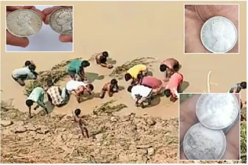వెండి నాణేలు ఏరుకుంటున్న ప్రజలు