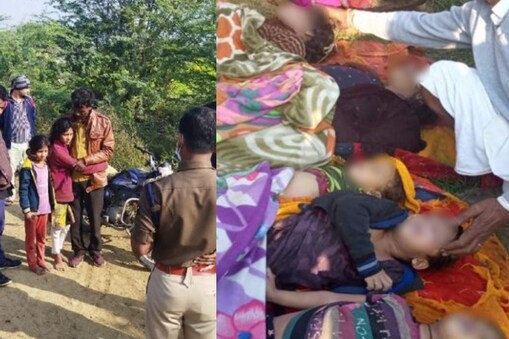 ఘటనా స్థలం వద్ద పోలీసులు, బతికిపోయిన ఇద్దరు పిల్లలతో తండ్రి శివపాల్, పక్కనే మృతదేహాలు