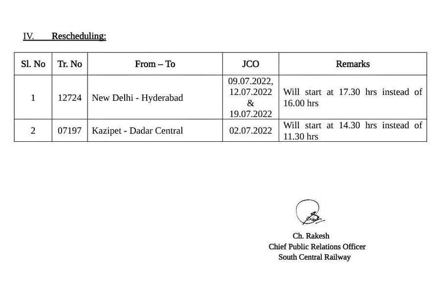  న్యూ ఢిల్లీ -హైదరాబాద్ మధ్య నడిచే (12724) రైలు జులై 9, 12, 19 తేదీల్లో సాయంత్రం 4 గంటలకు బదులు 5.30కు బయలుదేరేలా రీషెడ్యూల్ చేశామని, కాజీపేట - దాద్ సెంట్రల్ (07197) రైలు జులై 2న ఉదయం 11.30కు కాకుండా మధ్యాహ్నం 2.30కు బయలుదేరుతుందని దక్షిణ మధ్య రైల్వే అధికారులు తెలిపారు. (ప్రతీకాత్మక చిత్రం)