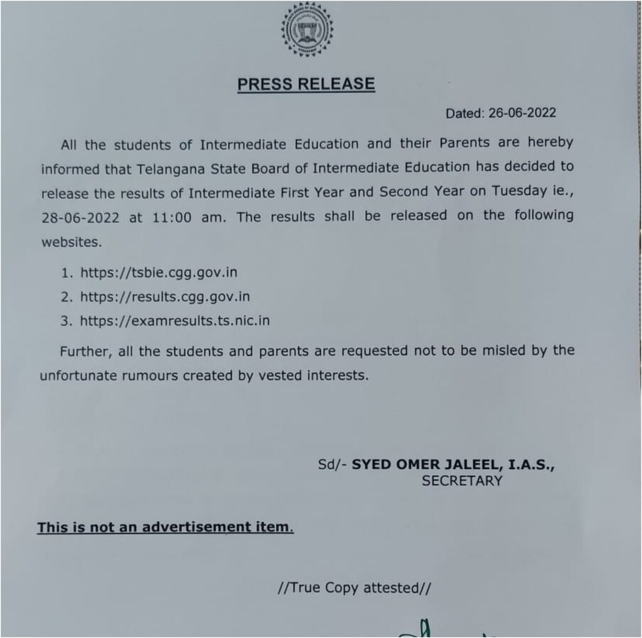  తెలంగాణ ఇంటర్‌ పరీక్ష ఫలితాలు ఈనెల 28వ తేదిన విడుదల చేయనున్నట్లు తెలంగాణ రాష్ట్ర ఇంటర్‌ బోర్డ్‌ ప్రకటించింది. మంగళవారం ఉదయం 11గంటలకు ఫలితాలను వెల్లడించనున్నట్లు ప్రకటనలో పేర్కొంది. (ప్రతీకాత్మకచిత్రం)