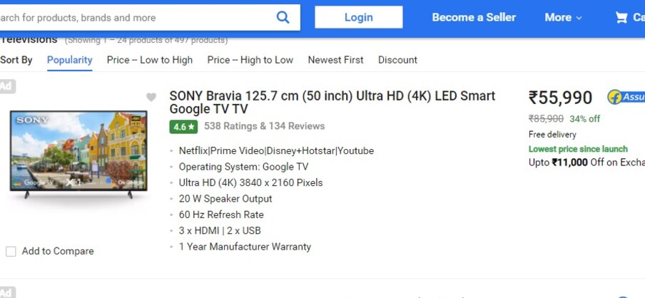  Sony Bravia (50 inch) Ultra HD (4K) LED Smart TVని 34% తగ్గింపుతో కొనుగోలు చేయొచ్చు. ఈ టీవీ వాస్తవ ధర రూ.85 వేలు కాగా.. రూ.55,990కే కొనుగోలు చేయవచ్చు.