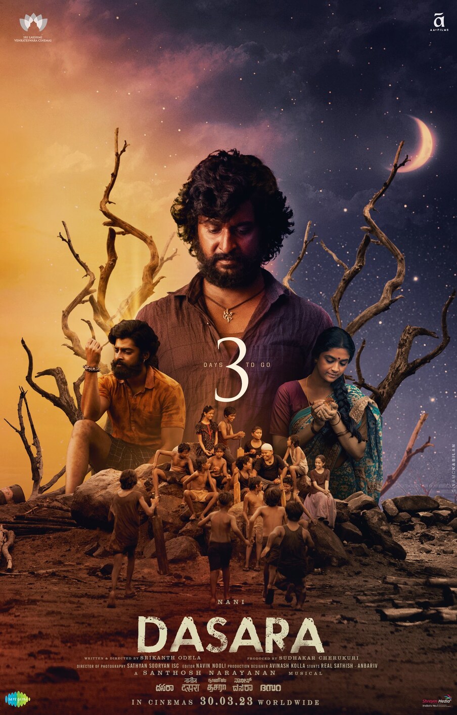  ఇక ఈ సినిమా ప్రపంచవ్యాప్తంగా 2710 థియేటర్స్‌లో భారీగా విడుదలవుతోంది. ఏ ఏరియాలో ఎన్ని థియేటర్స్‌లో విడుదలవుతుందంటే.. నైజాంలో 290+ థియేటర్స్‌లో విడుదలవుతోంది. ఇక సీడెడ్ 190లో, ఆంధ్రా 410. మొత్తంగా ఏపీ తెలంగాణలో 900 థియేటర్స్‌లో విడుదలవుతోంది. ఇక ఈ సినిమా కర్ణాటకలో 80, తమిళనాడులో 80, కేరళలో 100, హిందీ, రెస్టాఫ్ ఇండియాలో 750 థియేటర్స్‌లో విడుదలకానుంది. ఇక ఓవర్సీస్‌లో 800 థియేటర్స్‌.. ఇలా ప్రపంచవ్యాప్తంగా 2710 థియేటర్స్‌లో విడుదలకు రెడీ అవుతోంది దసరా. Photo : Twitter
