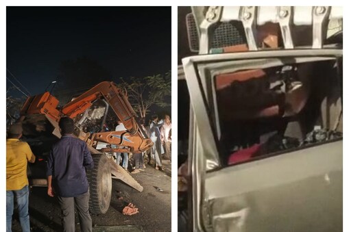 కారుపై పడిన జేసీబీ