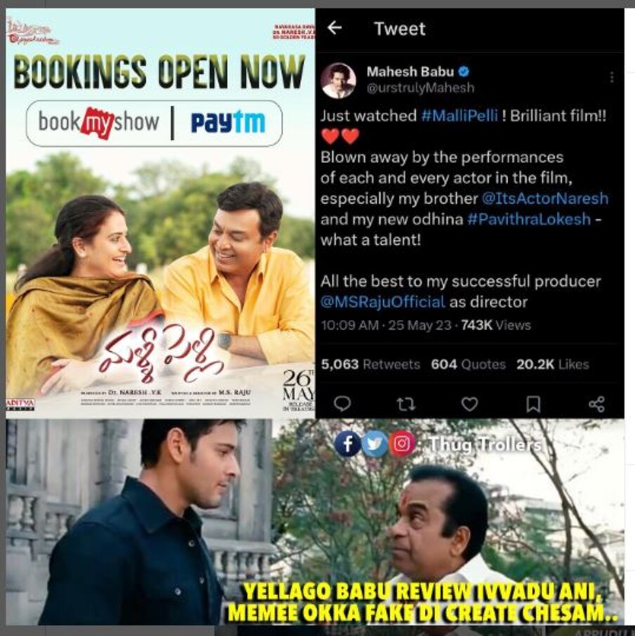  మళ్లీ పెళ్లి సినిమాపై మహేష్ బాబు ఫేక్ రివ్యూ అని వేసిన మీమ్ (images credit - instagram - thug_trollers)