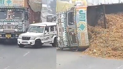 Fatal U-Turn: Hay Lorry Crushes Bolero, Driver Killed in Rampur; Video Viral