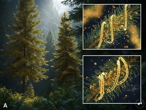 पेड़ों में सोना: नॉर्वे स्प्रूस में बैक्टीरिया ने आयनों को ठोस सोने में बदला.