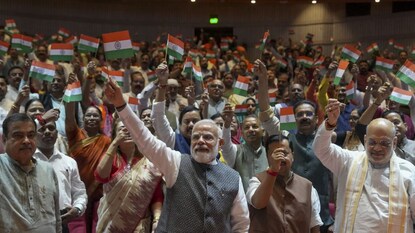 PM Narendra Modi along with other NDA leaders attend the 'Mangal Milan' meeting (Photo/ANI)