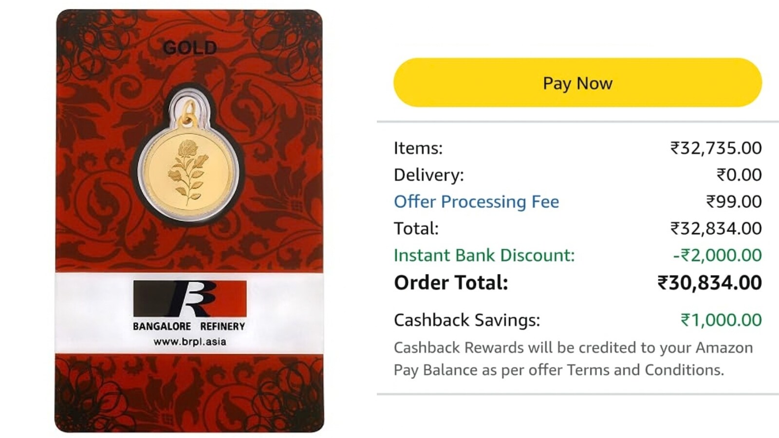 Amazon gold offer today, 24K gold price per gram, Amazon gold cashback offer, gold buying online India, Bangalore Refinery gold pendant price, gold price comparison jewellery shop, అమెజాన్ బంగారం ఆఫర్, ఈరోజు బంగారం ధరలు, బంగారం కొనుగోలుపై క్యాష్‌బ్యాక్, ఆన్‌లైన్‌లో బంగారం కొనడం ఎలా, 24 క్యారెట్ల బంగారం ధర, బంగారం కొనేటప్పుడు డబ్బు ఆదా చేసే చిట్కాలు
