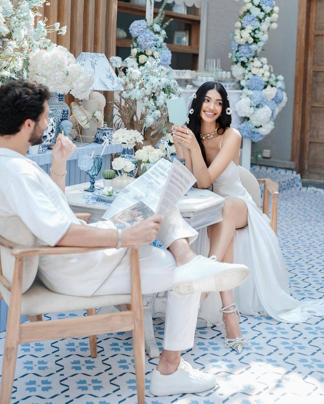 alanna panday bridal shower dress Inside Panday's Blue-themed Baby 2000s Outfits Ideas: Y2K Color:Tan Long Affordable Lace A-line Low Cut Bridal Gown