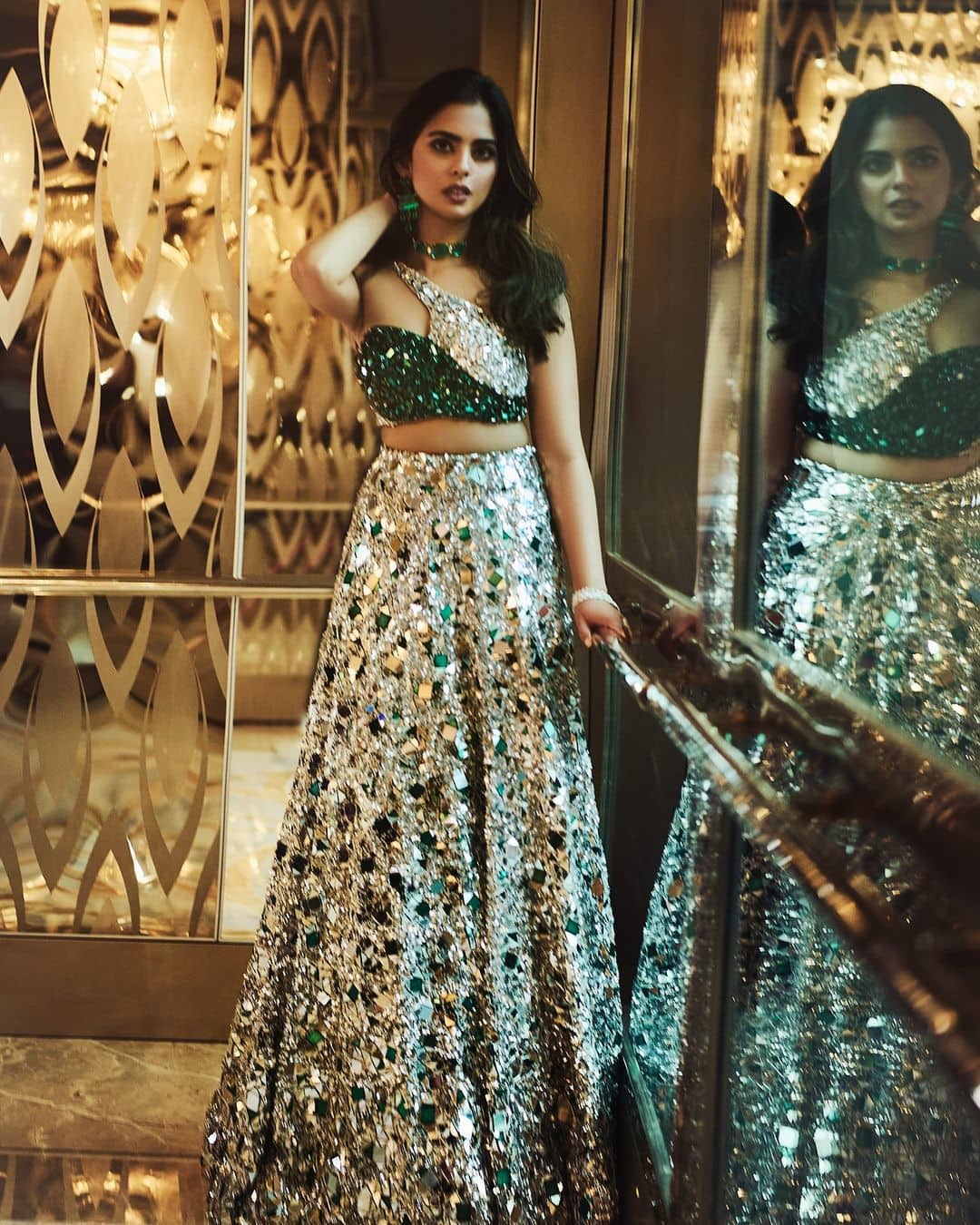 anant ambani gold dress Isha Ambani's Best Traditional Looks from Anant-Radhika Wedding Festivities ambani diamond dress