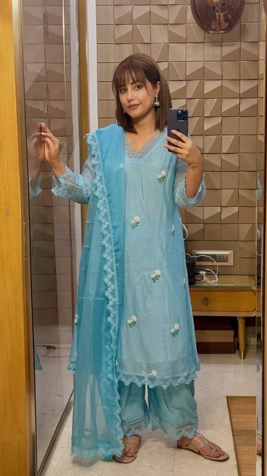 hina khan blue dress HINA KHAN X CRUNK BLUE FLOWER EMBROIDERED MINI DRESS – SHE'LL
